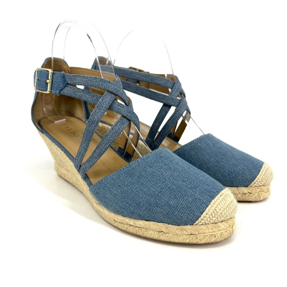 Talbots Womens Blue Denim Espadrille Wedge Sandals Crisscross‎ Ankle Strap 9M